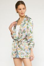 Satin Print Collared Open Front Jacket