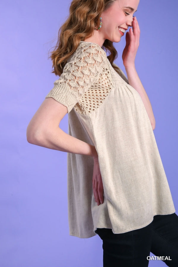 Oatmeal Linen Top with Crochet Sleeves