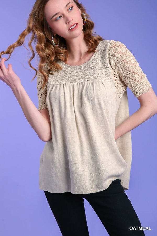 Oatmeal Linen Top with Crochet Sleeves